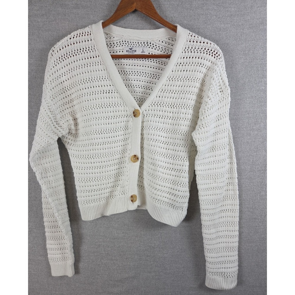 HOLLISTER Cropped Open Crochet Knit Cardigan L White Coastal Beach Preppy 5329